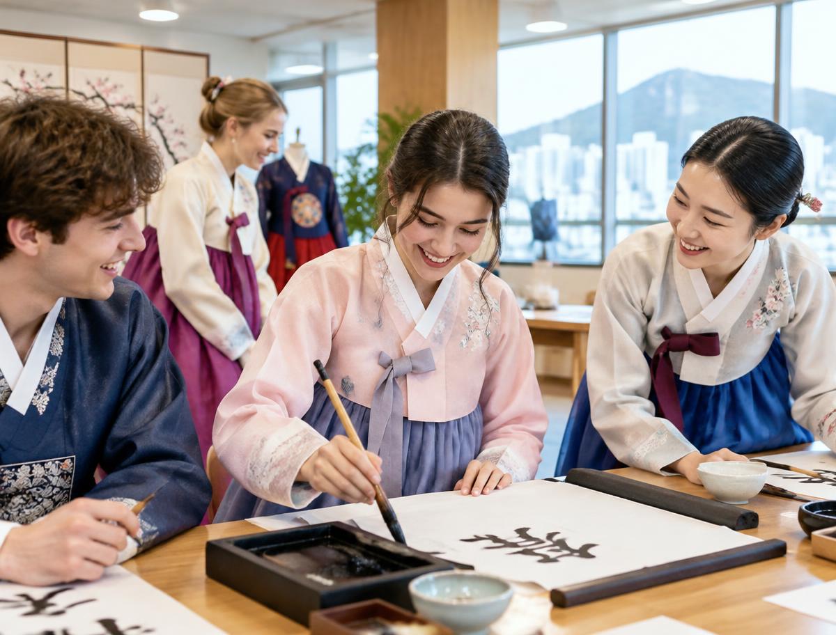 외국인 참가자들이 한복을 입고 서예를 체험하는 예시 이미지