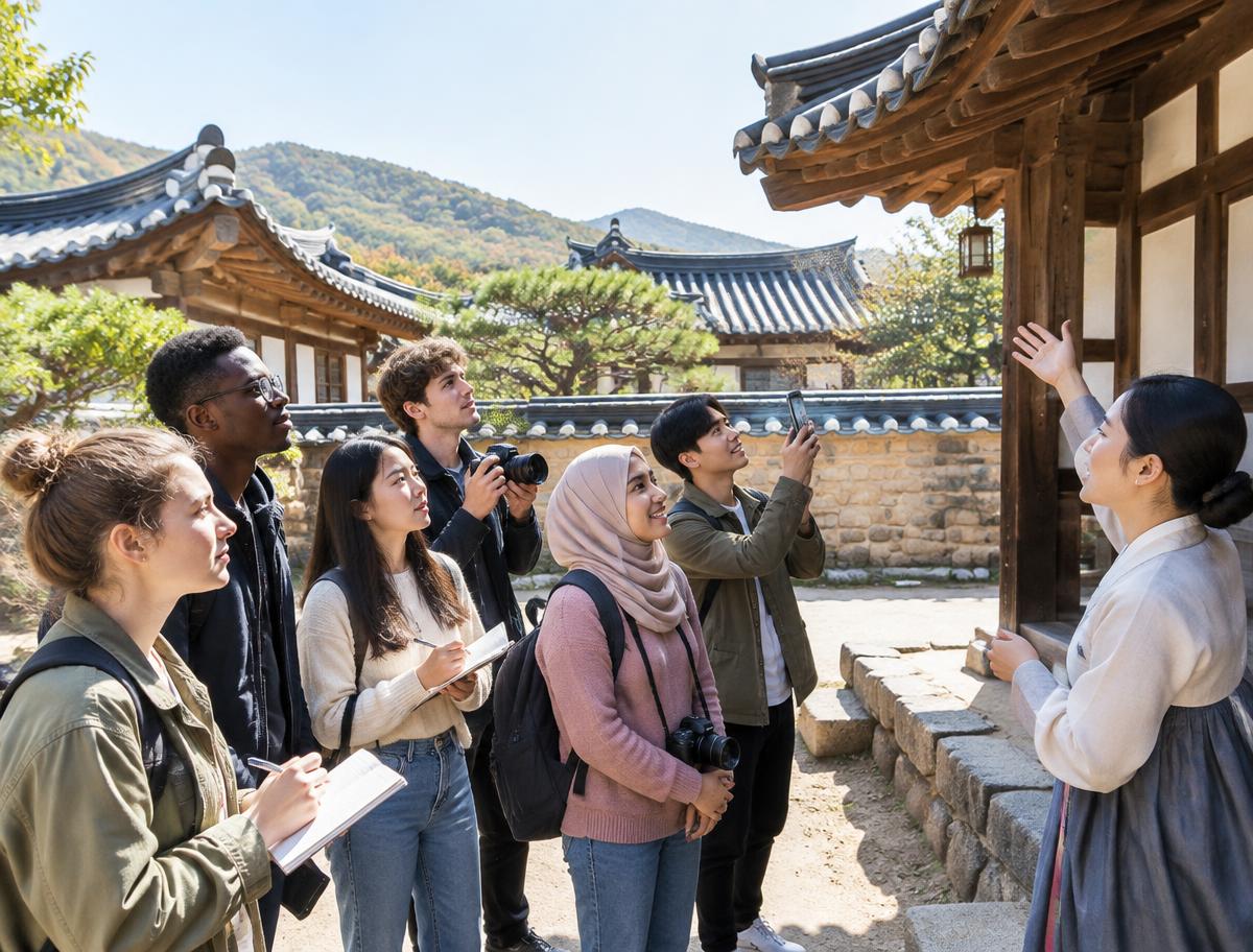 전통 마을에서 문화 현장 학습을 하는 학생들의 예시 이미지